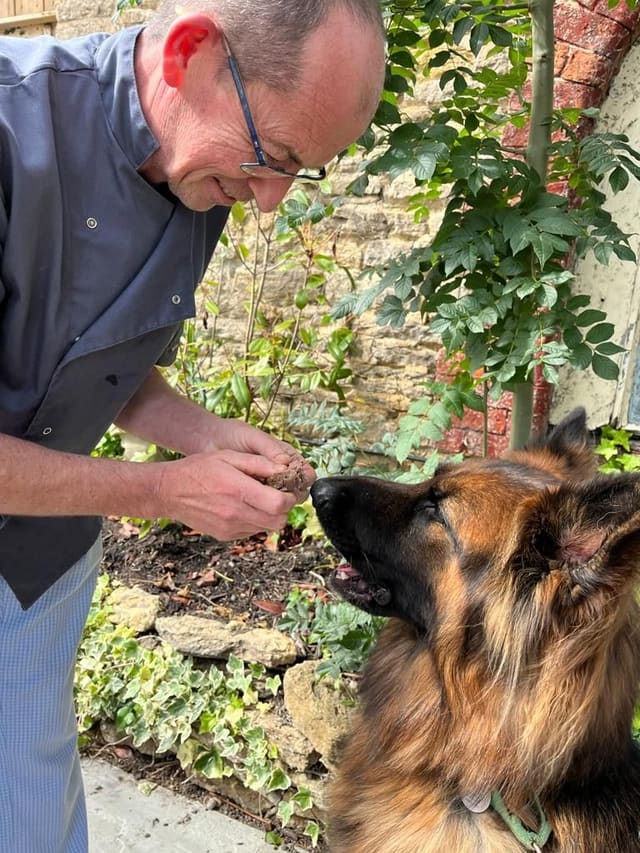 A dog being made a fuss of in the garden at The Overstone Arms