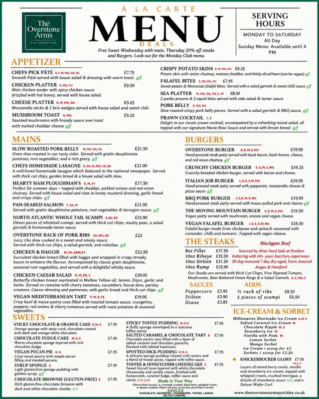 The Overstone Arms À La Carte menu — appetizers, mains, burgers, the steaks and sweets