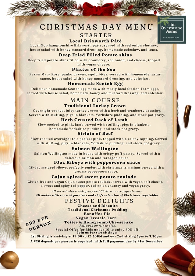 The Overstone Arms Christmas Day menu — £99 per person, two sittings