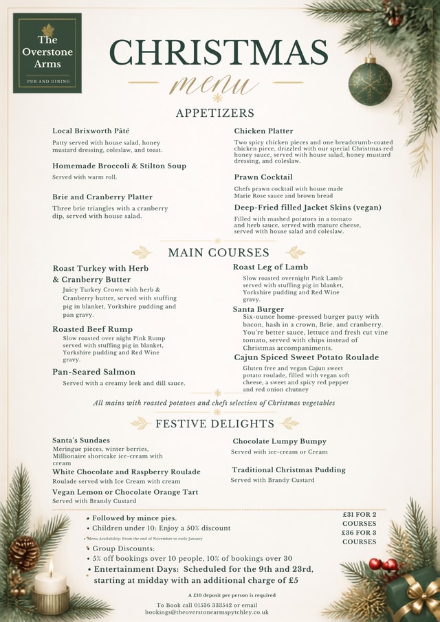 The Overstone Arms Christmas menu — £31 for two courses, £36 for three courses
