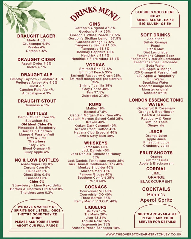 The Overstone Arms drinks menu — draught lager, cider, ale and stout, bottles, gins, vodkas, rums, whiskeys, cognacs, liqueurs, soft drinks and cocktails
