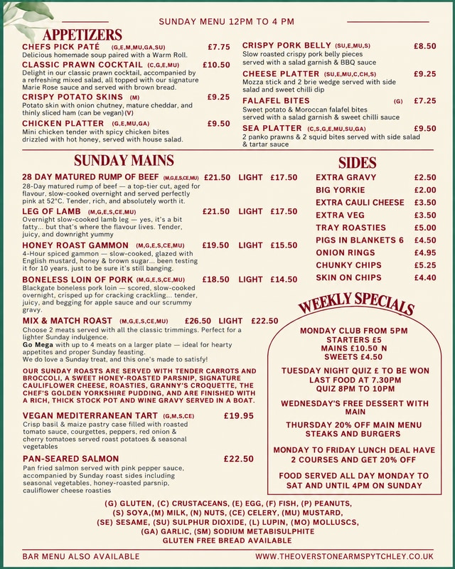 The Overstone Arms Sunday menu — roasts, appetizers, sides and weekly specials, served 12pm to 4pm