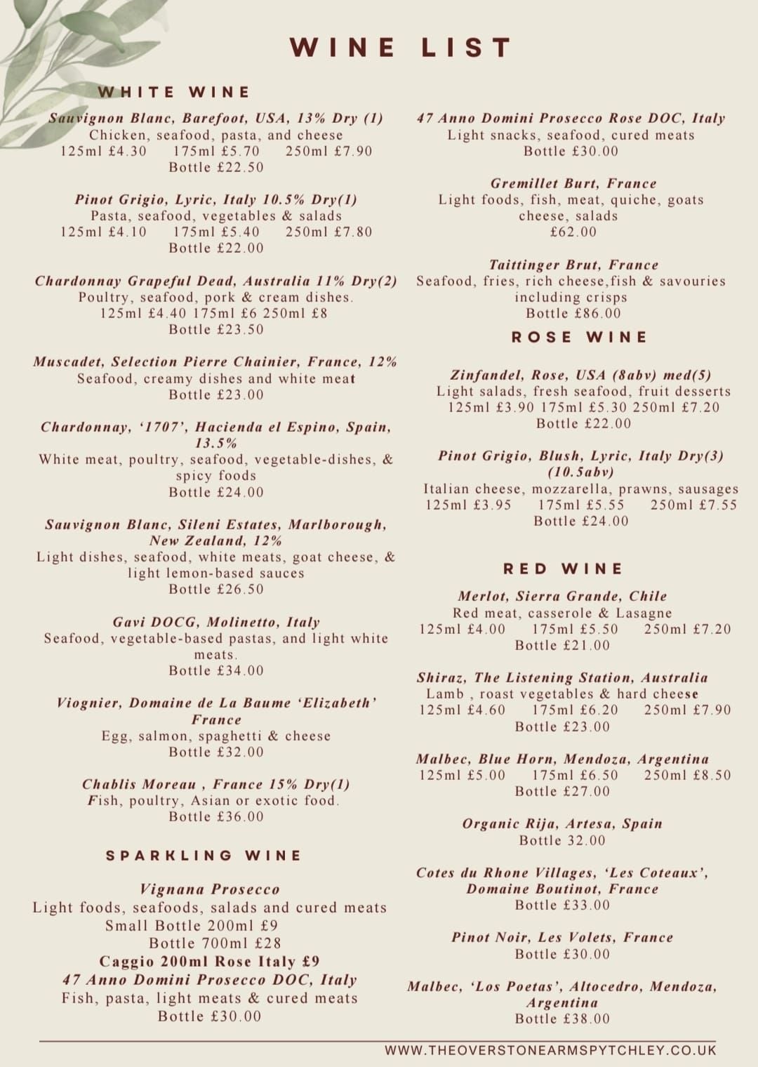 Wine list at The Overstone Arms — white, rosé, sparkling and red, with food-pairing notes